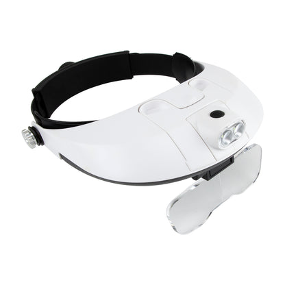 Headband Magnifier with Light and Lens Set

Use to magnify work.This headband magnifier with light and comfortable and easily adjustable headband offers the most versatility of any headband magnifier made. Comes with four clearly marked lens plates, 1.2X, 1.8X, 2.5X, and 3.5X that easily snap on and off. Center positioned swivel 2.2V/0.75A lamp gives pinpoint lighting in hard-to-see situations (runs on three AAA batteries). This is the ultimate in lighted headband magnifiers.