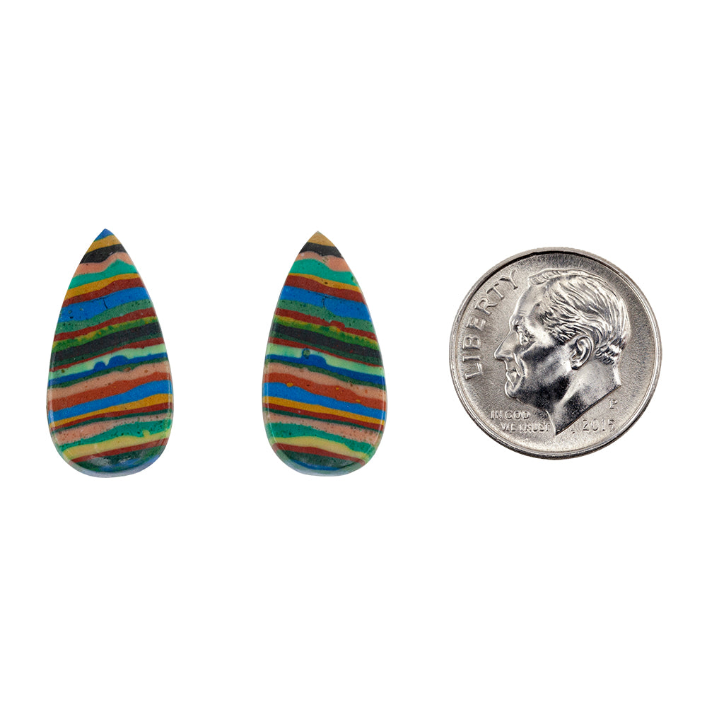 Rainbow Calsilica - Pear Cabochon 22mm x 11mm - Matched Pair with dime