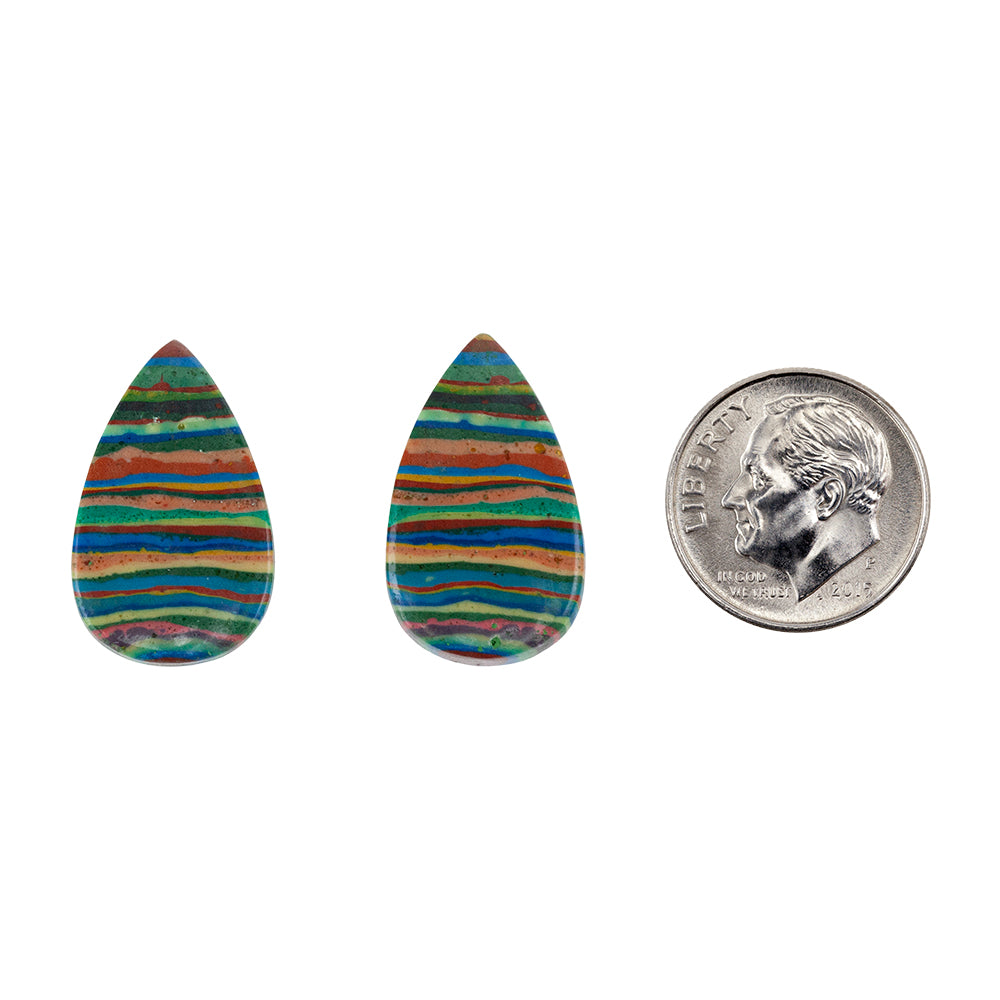 Rainbow Calsilica - Pear Cabochon 22mm x 14mm - Matched Pair with dime