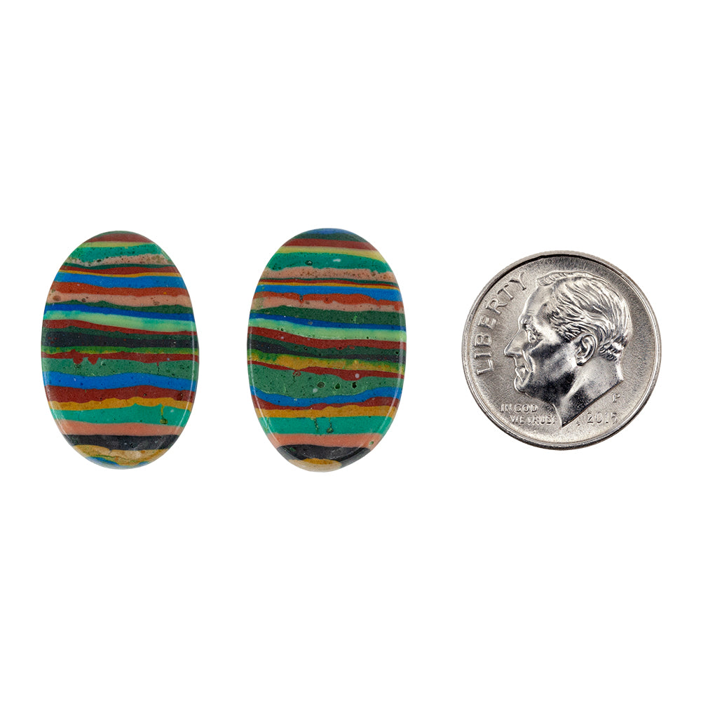 Rainbow Calsilica - Oval Cabochon 21mm x 14mm - Matched Pair with dime