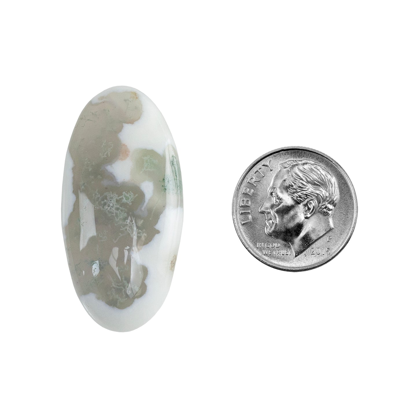 Moss Agate Gemstone - Oval Cabochon 36mm x 17mm - Pkg/1 with dime