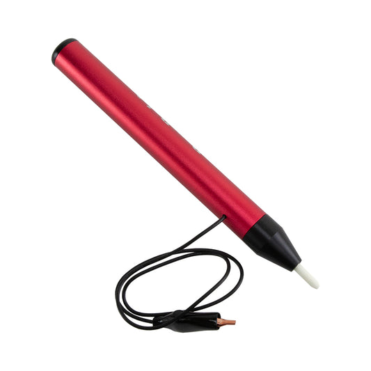 The Wizard 24K Gold Pen Plater with red handle. Gold plating pen for your jewelry projects.  Perform gold plating easily and cost efficiently with this pen plater. Disposable, battery operated pen is good for 1 full hour of plating time. Depending upon size, this equates to 20 to 40 pieces of jewelry.