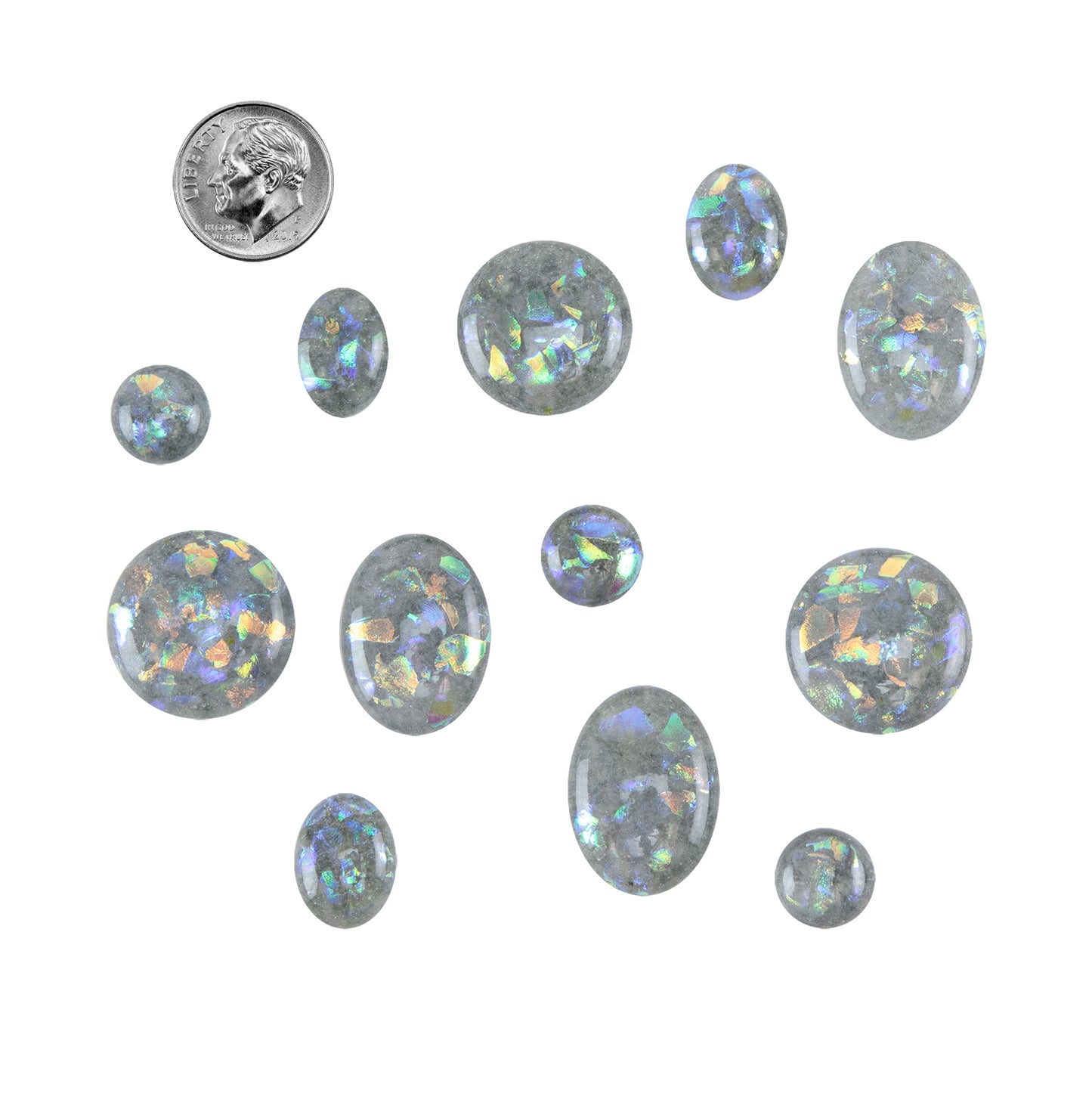 Dichroic Cabochons - Light Silver Grey with dime