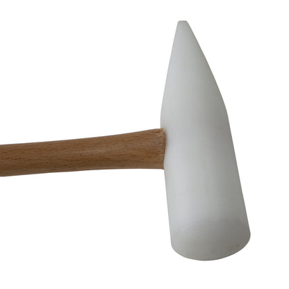 Hammer - Large Nylon Wedge

Use the domed face for shaping sheet and wire without marring the metal. Use the wedge shape for working tight areas.

The large nylon wedge hammer has one face 1-1/4" round and slightly domed used to flatten and shape sheet and wire with no risk of marring. The other face is wedge shaped for working tight areas.