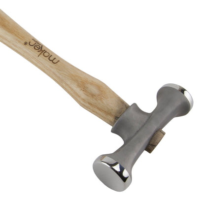 Fretz - Maker Planishing Hammer

The Maker Planishing Hammer has a slightly rounded working end for smoothing and hardening metal. The rounded end gives the classic planishing mark found on handwrought metal. The other working end is flat which can refine the round planishing marks to near smoothness.
Each hammer in the Maker line is made with a signature 420 stainless steel and have polished faces ready for use. The handles are North American ash with the logo on the handle.