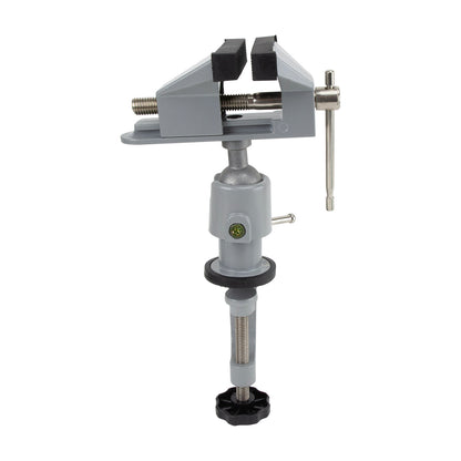 Economy Tabletop Swivel Vise

The jaws open up to 2-1/4" wide and are lined with tough rubber that will not scratch precious metals. The clamp opens up to 2-1/8" wide to fit any bench or table. The ball and socket configuration allows the jaws to be tilted and rotate 360 degrees as the jaws hold firmly in place at any angle.