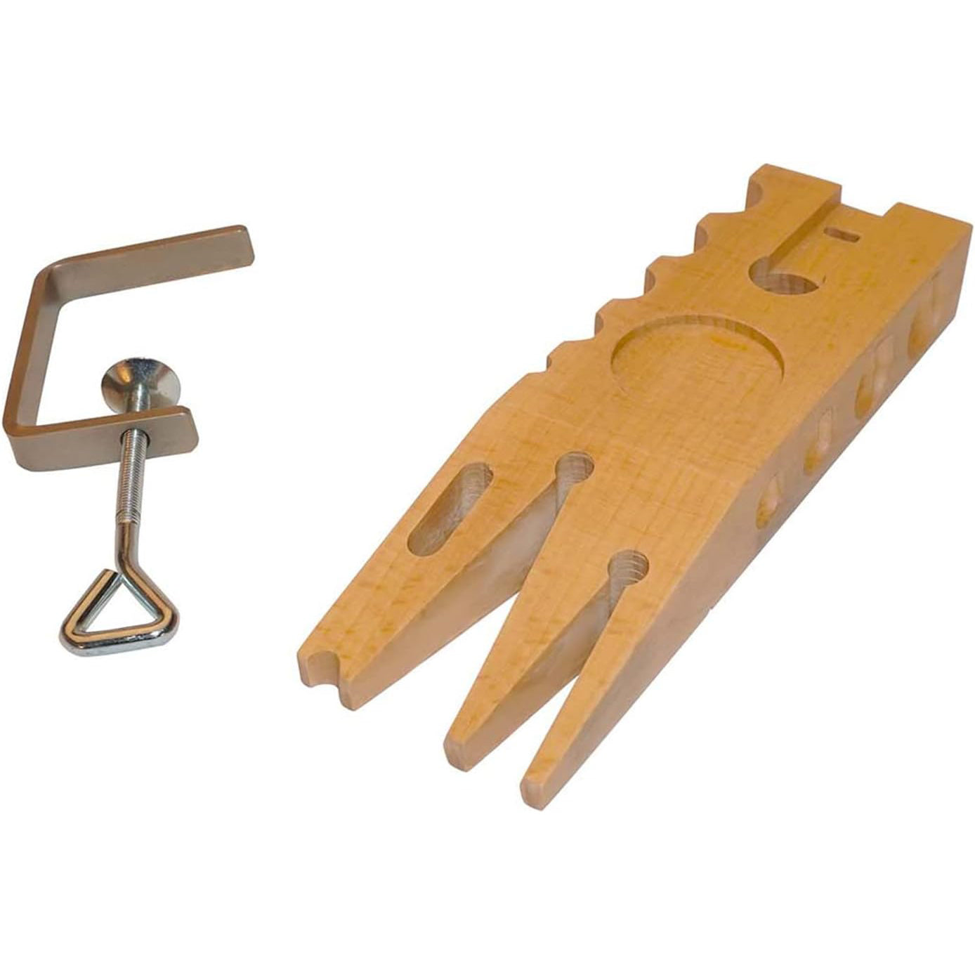 Multi-Function, Double Sided Bench Pin with Clamp A reversible bench pin with a swage block and dapping depressions. Comes with a C-Clamp with a maximum opening of 1.75