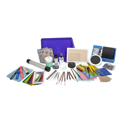 Deluxe Metal Clay Starter Tool Kit:
Metal Clay Hot Plate - Large
Curved Burnisher - Wide
Curved Burnisher - Slim
Ball Burnisher - Small
Ball Burnisher - Medium
Ball Burnisher - Large
Scratch Brush - Brass - Buff Style
Lortone® Tumbler - 3lb Rotary 120V (US)
Stainless Steel Shot - 1lb
Cool Tools Clay Thickness Rolling Frame Set - #2, #3, #4, #5, #6, #8
Gray Wonder Roller - 11"
Tissue Blade - Flexible
Ultra Clay Pick
Bench Block - Rubber
Dormer Twist Drill - 1mm
Dormer Twist Drill - 1.5mm
Dormer Twist Drill -