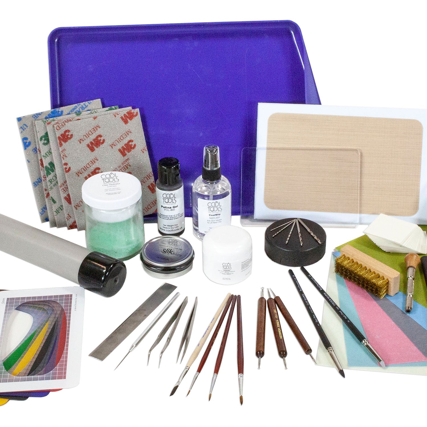 Deluxe Metal Clay Starter Tool Kit:
Metal Clay Hot Plate - Large
Curved Burnisher - Wide
Curved Burnisher - Slim
Ball Burnisher - Small
Ball Burnisher - Medium
Ball Burnisher - Large
Scratch Brush - Brass - Buff Style
Lortone® Tumbler - 3lb Rotary 120V (US)
Stainless Steel Shot - 1lb
Cool Tools Clay Thickness Rolling Frame Set - #2, #3, #4, #5, #6, #8
Gray Wonder Roller - 11"
Tissue Blade - Flexible
Ultra Clay Pick
Bench Block - Rubber
Dormer Twist Drill - 1mm
Dormer Twist Drill - 1.5mm
Dormer Twist Drill -