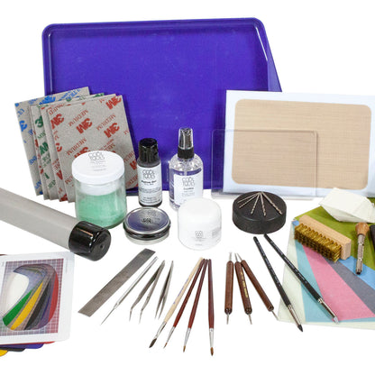 Deluxe Metal Clay Starter Tool Kit:
Metal Clay Hot Plate - Large
Curved Burnisher - Wide
Curved Burnisher - Slim
Ball Burnisher - Small
Ball Burnisher - Medium
Ball Burnisher - Large
Scratch Brush - Brass - Buff Style
Lortone® Tumbler - 3lb Rotary 120V (US)
Stainless Steel Shot - 1lb
Cool Tools Clay Thickness Rolling Frame Set - #2, #3, #4, #5, #6, #8
Gray Wonder Roller - 11"
Tissue Blade - Flexible
Ultra Clay Pick
Bench Block - Rubber
Dormer Twist Drill - 1mm
Dormer Twist Drill - 1.5mm
Dormer Twist Drill -