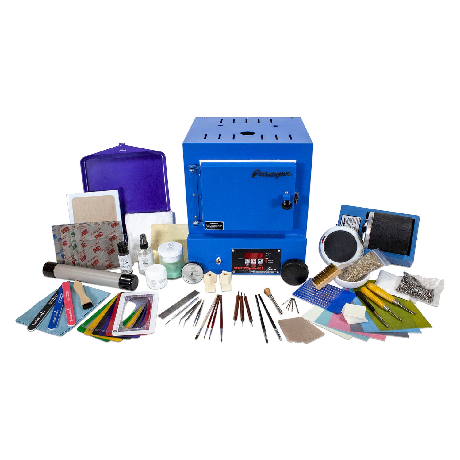 Deluxe Metal Clay Starter Tool Kit with Paragon SC2 Kiln: 
Paragon SC2 Kiln
Metal Clay Hot Plate - Large
Curved Burnisher - Wide
Curved Burnisher - Slim
Ball Burnisher - Small
Ball Burnisher - Medium
Ball Burnisher - Large
Scratch Brush - Brass - Buff Style
Lortone® Tumbler - 3lb Rotary 120V (US)
Stainless Steel Shot - 1lb
Cool Tools Clay Thickness Rolling Frame Set - #2, #3, #4, #5, #6, #8
Gray Wonder Roller - 11"
Tissue Blade - Flexible
Ultra Clay Pick
Bench Block - Rubber
Dormer Twist Drill - 1mm
Dormer 