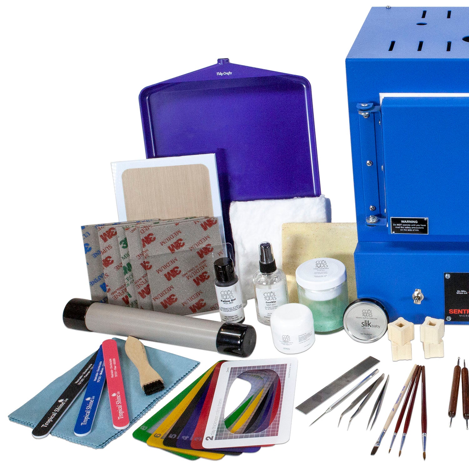 Deluxe Metal Clay Starter Tool Kit with Paragon SC2 Kiln: 
Paragon SC2 Kiln
Metal Clay Hot Plate - Large
Curved Burnisher - Wide
Curved Burnisher - Slim
Ball Burnisher - Small
Ball Burnisher - Medium
Ball Burnisher - Large
Scratch Brush - Brass - Buff Style
Lortone® Tumbler - 3lb Rotary 120V (US)
Stainless Steel Shot - 1lb
Cool Tools Clay Thickness Rolling Frame Set - #2, #3, #4, #5, #6, #8
Gray Wonder Roller - 11"
Tissue Blade - Flexible
Ultra Clay Pick
Bench Block - Rubber
Dormer Twist Drill - 1mm
Dormer 