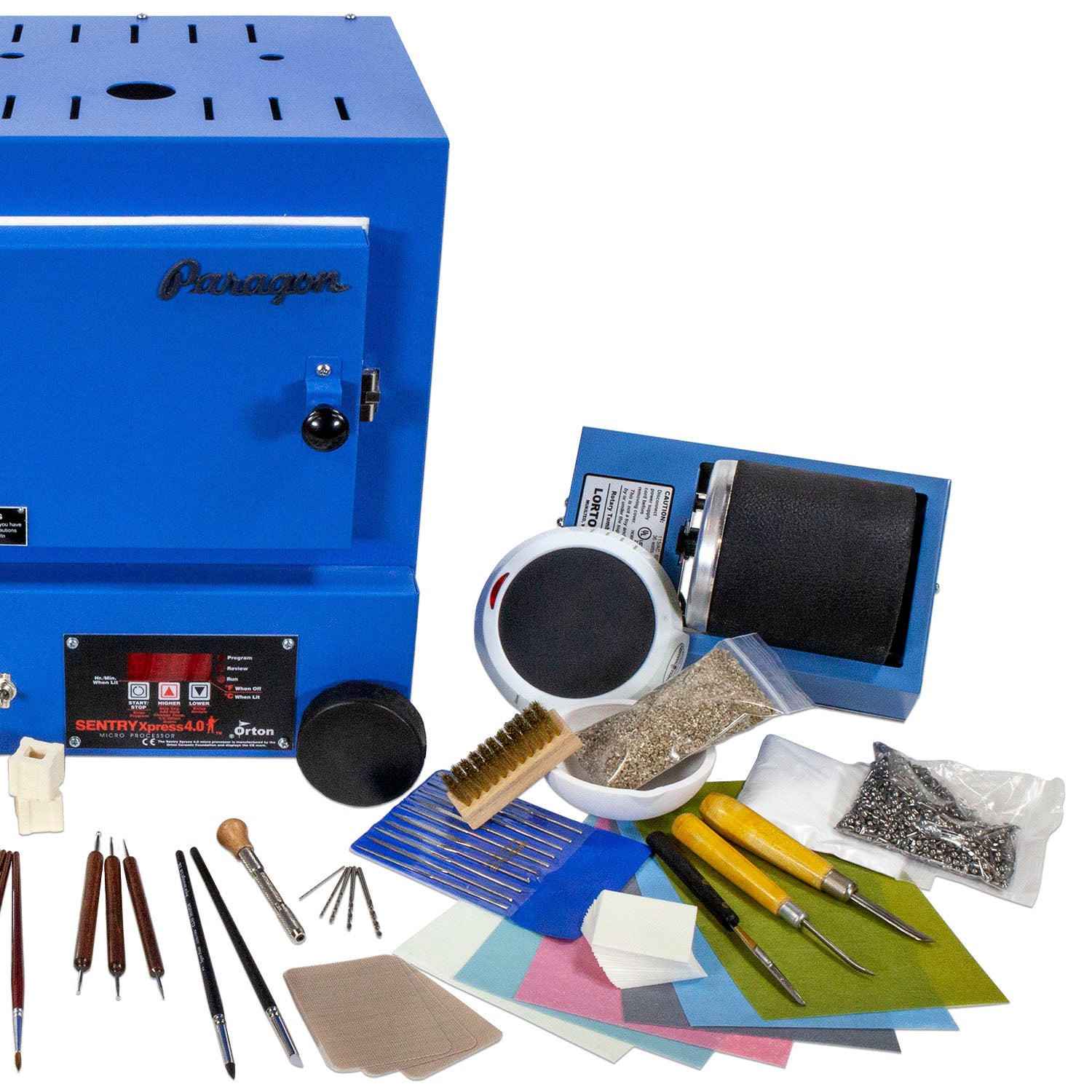 Deluxe Metal Clay Starter Tool Kit with Paragon SC2 Kiln: 
Paragon SC2 Kiln
Metal Clay Hot Plate - Large
Curved Burnisher - Wide
Curved Burnisher - Slim
Ball Burnisher - Small
Ball Burnisher - Medium
Ball Burnisher - Large
Scratch Brush - Brass - Buff Style
Lortone® Tumbler - 3lb Rotary 120V (US)
Stainless Steel Shot - 1lb
Cool Tools Clay Thickness Rolling Frame Set - #2, #3, #4, #5, #6, #8
Gray Wonder Roller - 11"
Tissue Blade - Flexible
Ultra Clay Pick
Bench Block - Rubber
Dormer Twist Drill - 1mm
Dormer 
