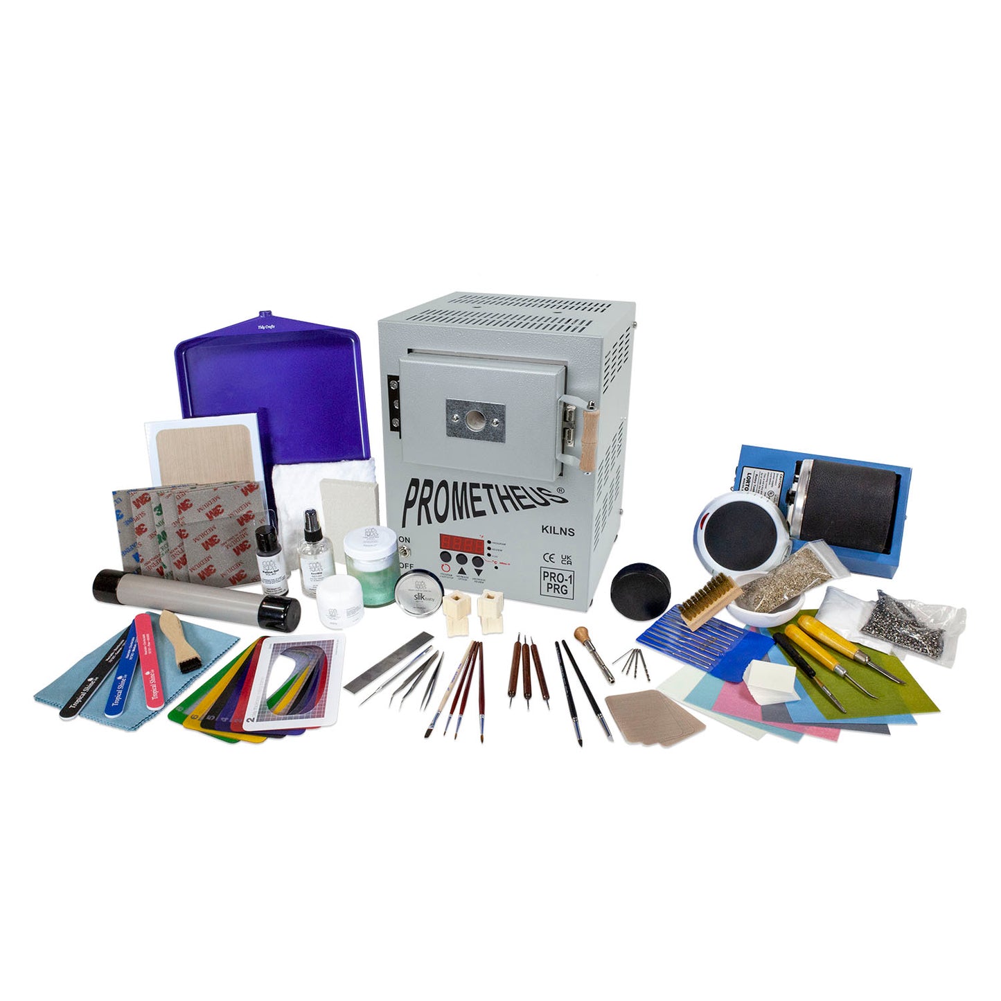 Deluxe Metal Clay Starter Tool Kit with Prometheus Pro-1-PRG Kiln:
Prometheus Pro-1-PRG Standard Kiln
Metal Clay Hot Plate - Large
Curved Burnisher - Wide
Curved Burnisher - Slim
Ball Burnisher - Small
Ball Burnisher - Medium
Ball Burnisher - Large
Scratch Brush - Brass - Buff Style
Lortone® Tumbler - 3lb Rotary 120V (US)
Stainless Steel Shot - 1lb
Cool Tools Clay Thickness Rolling Frame Set - #2, #3, #4, #5, #6, #8
Gray Wonder Roller - 11"
Tissue Blade - Flexible
Ultra Clay Pick
Bench Block - Rubber
Dormer