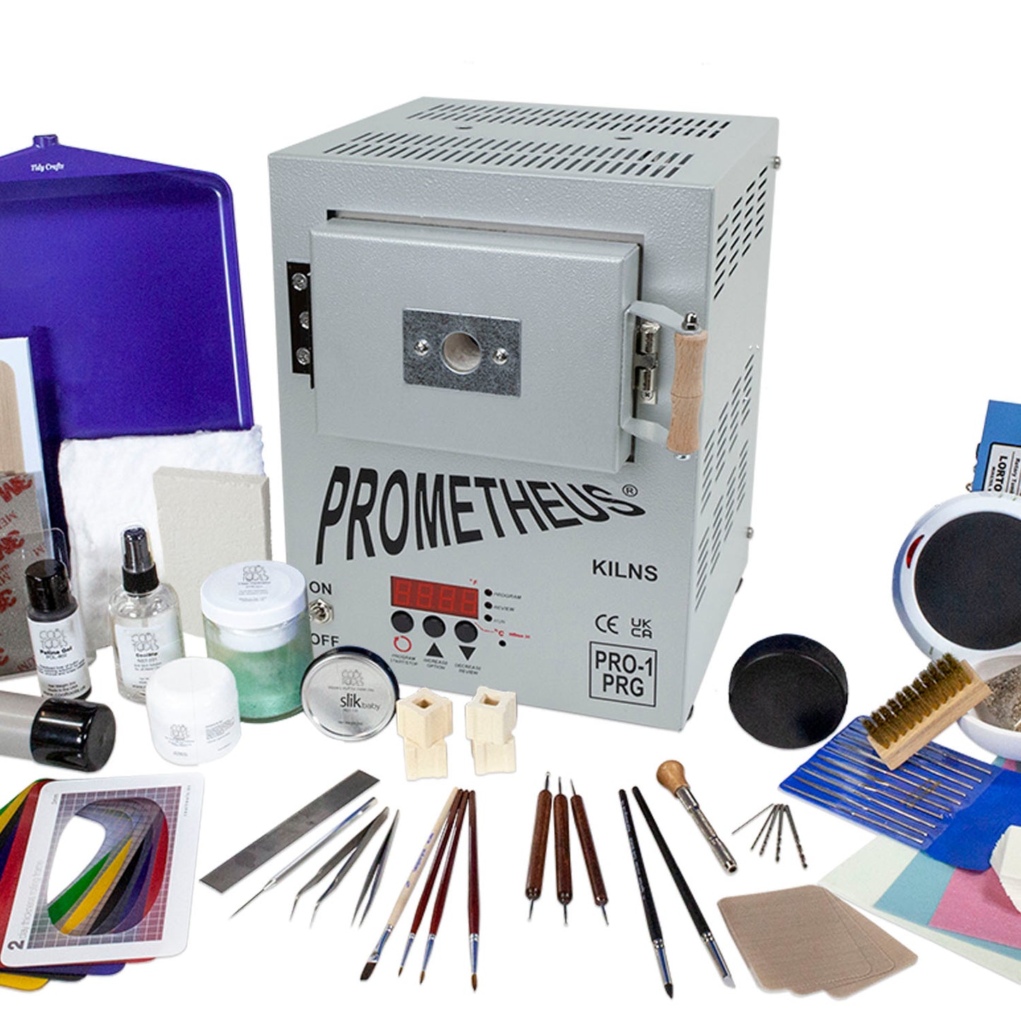 Deluxe Metal Clay Starter Tool Kit with Prometheus Pro-1-PRG Kiln:
Prometheus Pro-1-PRG Standard Kiln
Metal Clay Hot Plate - Large
Curved Burnisher - Wide
Curved Burnisher - Slim
Ball Burnisher - Small
Ball Burnisher - Medium
Ball Burnisher - Large
Scratch Brush - Brass - Buff Style
Lortone® Tumbler - 3lb Rotary 120V (US)
Stainless Steel Shot - 1lb
Cool Tools Clay Thickness Rolling Frame Set - #2, #3, #4, #5, #6, #8
Gray Wonder Roller - 11"
Tissue Blade - Flexible
Ultra Clay Pick
Bench Block - Rubber
Dormer