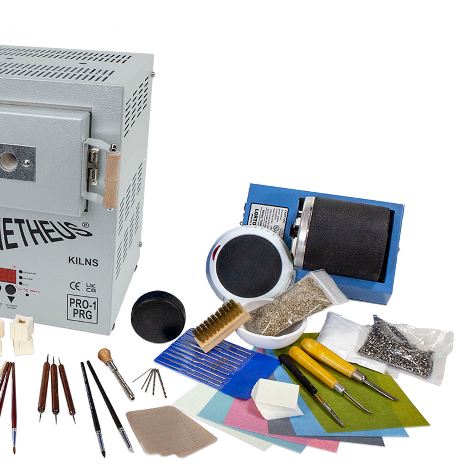 Deluxe Metal Clay Starter Tool Kit with Prometheus Pro-1-PRG Kiln:
Prometheus Pro-1-PRG Standard Kiln
Metal Clay Hot Plate - Large
Curved Burnisher - Wide
Curved Burnisher - Slim
Ball Burnisher - Small
Ball Burnisher - Medium
Ball Burnisher - Large
Scratch Brush - Brass - Buff Style
Lortone® Tumbler - 3lb Rotary 120V (US)
Stainless Steel Shot - 1lb
Cool Tools Clay Thickness Rolling Frame Set - #2, #3, #4, #5, #6, #8
Gray Wonder Roller - 11"
Tissue Blade - Flexible
Ultra Clay Pick
Bench Block - Rubber
Dormer