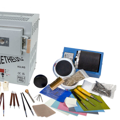 Deluxe Metal Clay Starter Tool Kit with Prometheus Pro-1-PRG Kiln:
Prometheus Pro-1-PRG Standard Kiln
Metal Clay Hot Plate - Large
Curved Burnisher - Wide
Curved Burnisher - Slim
Ball Burnisher - Small
Ball Burnisher - Medium
Ball Burnisher - Large
Scratch Brush - Brass - Buff Style
Lortone® Tumbler - 3lb Rotary 120V (US)
Stainless Steel Shot - 1lb
Cool Tools Clay Thickness Rolling Frame Set - #2, #3, #4, #5, #6, #8
Gray Wonder Roller - 11"
Tissue Blade - Flexible
Ultra Clay Pick
Bench Block - Rubber
Dormer
