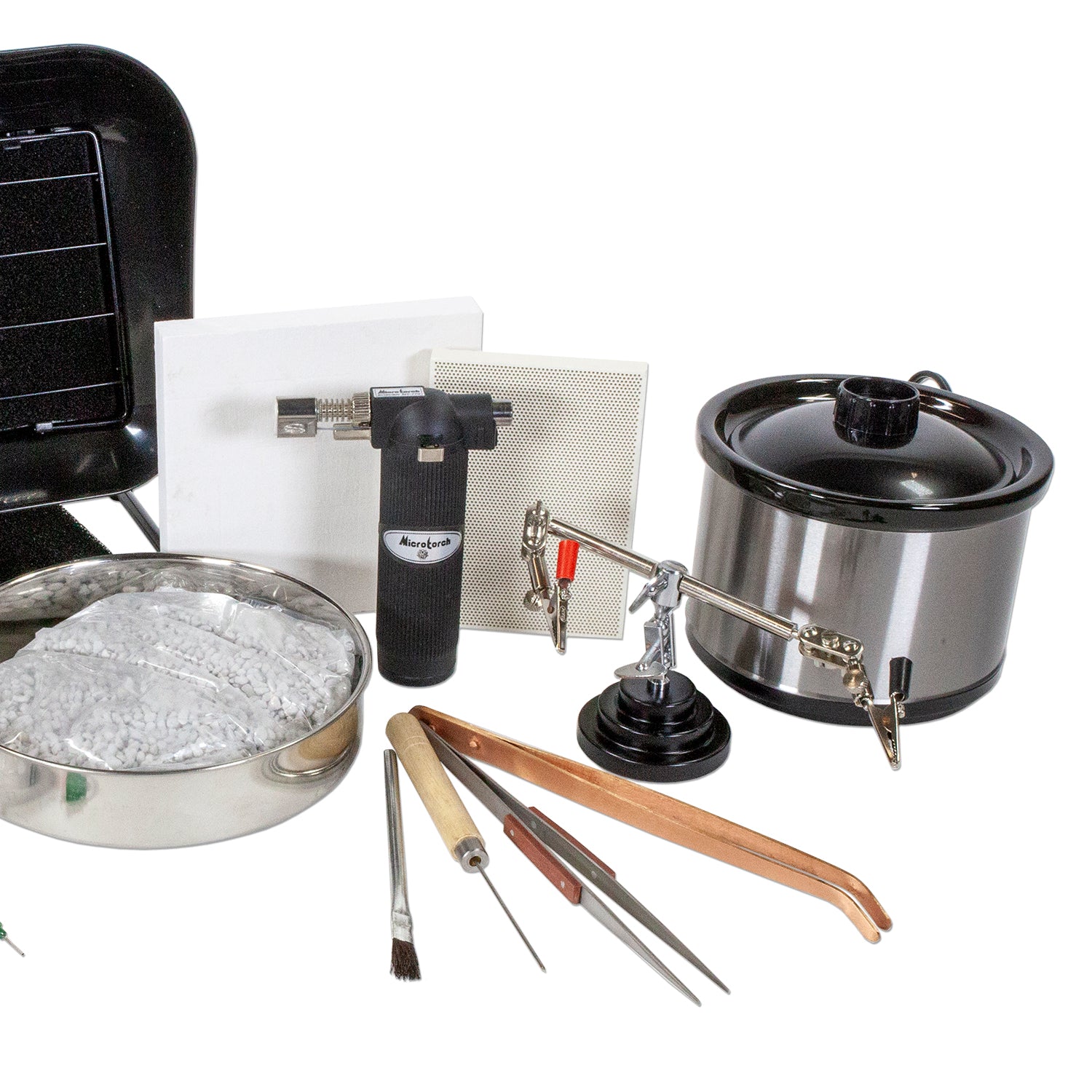 Soldering Starter Kit At a discounted rate, this kit comes with everything you need to get started in soldering.  Kit Includes: Flux Brush - 3/8" Pickle Pot Copper Pickle Tongs - Curved Handy Flux Silver Solder Paste - Hard 1/4 oz Silver Solder Paste - Medium 1/4 oz Solder Solder Paste - Easy 1/4 oz Solder Pick - Wood Handle Soldering Board - Honeycomb Soldering Board - Soft Annealing Pan with Pumice - 7" Diameter Fume Extractor Third Hand - Double Micro Torch Tweezers - Fibergrip Jumbo