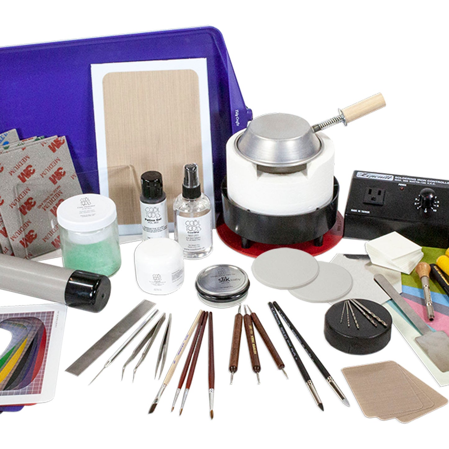 Deluxe Metal Clay Starter Tool Kit with UltraLite Studio Kiln:
UltraLite Studio Kiln (120V)
UltraLite Accessory: Ceramic Inserts for Metal Clay Firing

UltraLite Accessory: Flat Cover
Metal Clay Hot Plate - Large
Curved Burnisher - Wide
Curved Burnisher - Slim
Ball Burnisher - Small
Ball Burnisher - Medium
Ball Burnisher - Large
Scratch Brush - Brass - Buff Style
Lortone® Tumbler - 3lb Rotary 120V (US)
Stainless Steel Shot - 1lb
Cool Tools Clay Thickness Rolling Frame Set - #2, #3, #4, #5, #6, #8
Gray Wonde