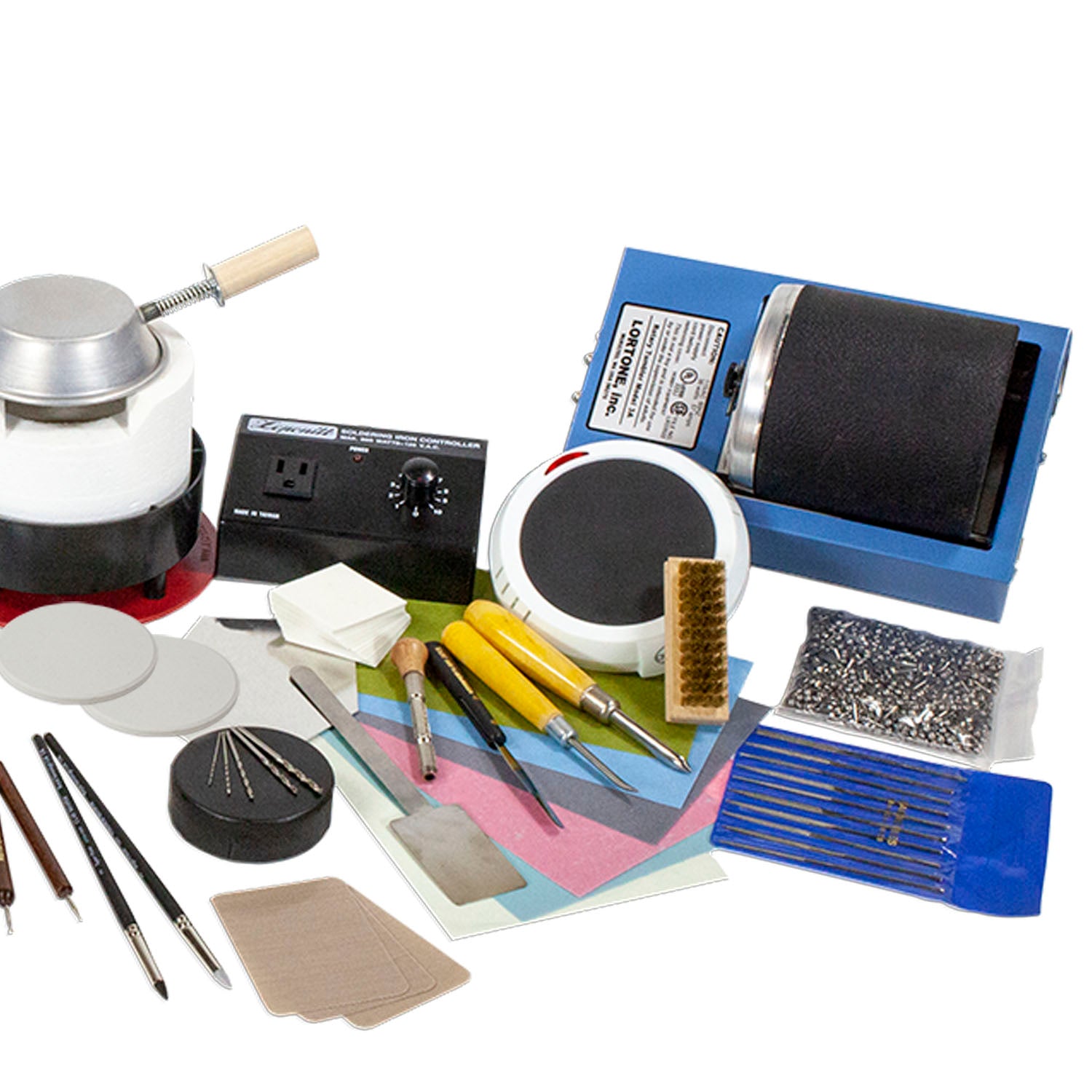 Deluxe Metal Clay Starter Tool Kit with UltraLite Studio Kiln:
UltraLite Studio Kiln (120V)
UltraLite Accessory: Ceramic Inserts for Metal Clay Firing

UltraLite Accessory: Flat Cover
Metal Clay Hot Plate - Large
Curved Burnisher - Wide
Curved Burnisher - Slim
Ball Burnisher - Small
Ball Burnisher - Medium
Ball Burnisher - Large
Scratch Brush - Brass - Buff Style
Lortone® Tumbler - 3lb Rotary 120V (US)
Stainless Steel Shot - 1lb
Cool Tools Clay Thickness Rolling Frame Set - #2, #3, #4, #5, #6, #8
Gray Wonde