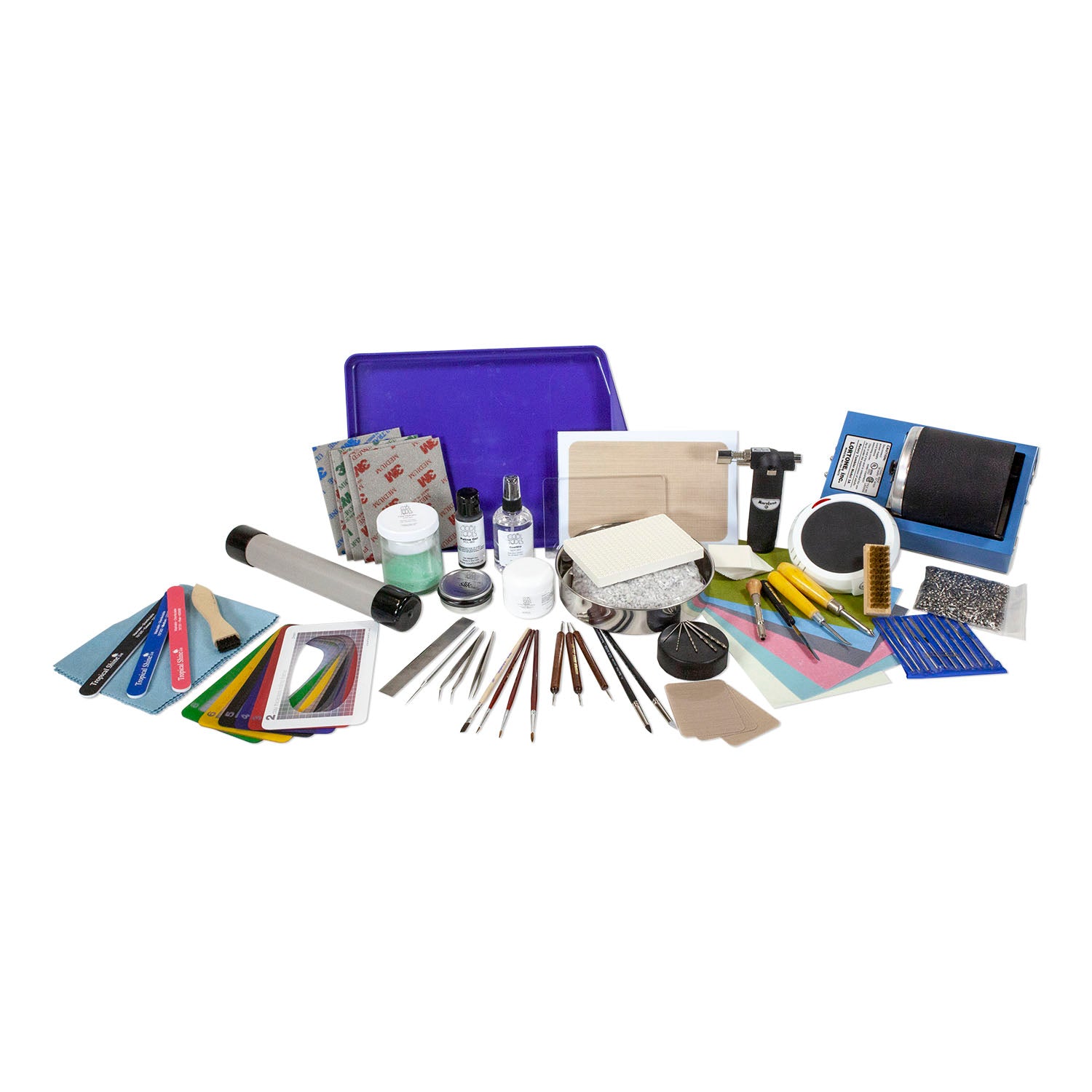 Deluxe Metal Clay Starter Tool Kit with Torch:
Torch - Micro-Torch
Metal Clay Hot Plate - Large
Curved Burnisher - Wide
Curved Burnisher - Slim
Ball Burnisher - Small
Ball Burnisher - Medium
Ball Burnisher - Large
Scratch Brush - Brass - Buff Style
Lortone® Tumbler - 3lb Rotary 120V (US)
Stainless Steel Shot - 1lb
Cool Tools Clay Thickness Rolling Frame Set - #2, #3, #4, #5, #6, #8
Gray Wonder Roller - 11"
Tissue Blade - Flexible
Ultra Clay Pick
Bench Block - Rubber
Dormer Twist Drill - 1mm
Dormer Twist Dri