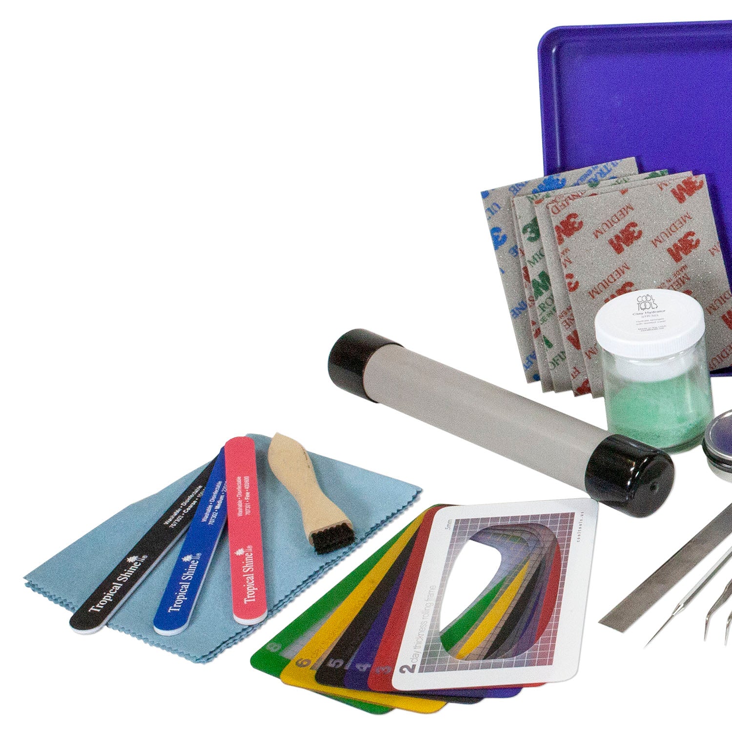 Deluxe Metal Clay Starter Tool Kit with Torch:
Torch - Micro-Torch
Metal Clay Hot Plate - Large
Curved Burnisher - Wide
Curved Burnisher - Slim
Ball Burnisher - Small
Ball Burnisher - Medium
Ball Burnisher - Large
Scratch Brush - Brass - Buff Style
Lortone® Tumbler - 3lb Rotary 120V (US)
Stainless Steel Shot - 1lb
Cool Tools Clay Thickness Rolling Frame Set - #2, #3, #4, #5, #6, #8
Gray Wonder Roller - 11"
Tissue Blade - Flexible
Ultra Clay Pick
Bench Block - Rubber
Dormer Twist Drill - 1mm
Dormer Twist Dri