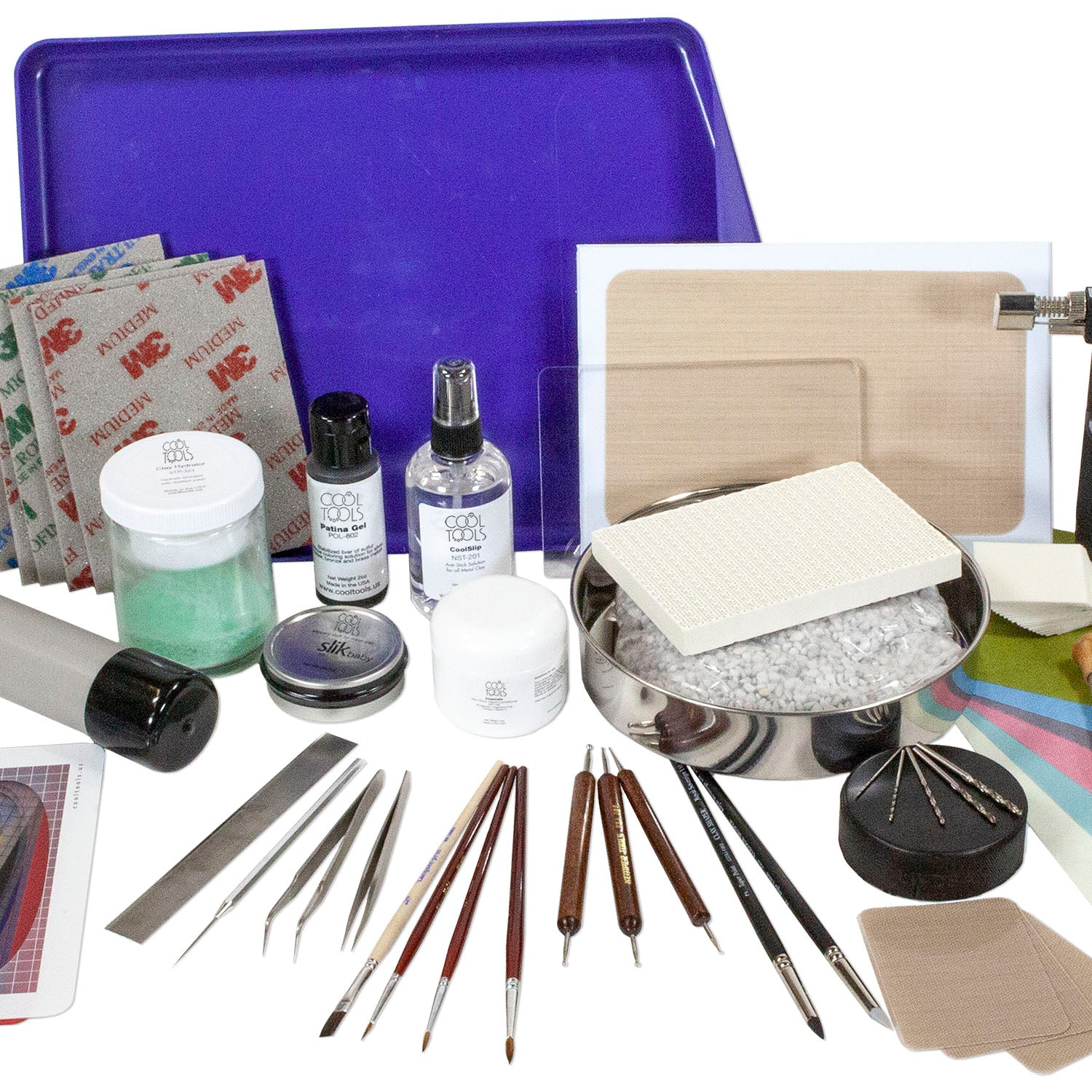Deluxe Metal Clay Starter Tool Kit with Torch:
Torch - Micro-Torch
Metal Clay Hot Plate - Large
Curved Burnisher - Wide
Curved Burnisher - Slim
Ball Burnisher - Small
Ball Burnisher - Medium
Ball Burnisher - Large
Scratch Brush - Brass - Buff Style
Lortone® Tumbler - 3lb Rotary 120V (US)
Stainless Steel Shot - 1lb
Cool Tools Clay Thickness Rolling Frame Set - #2, #3, #4, #5, #6, #8
Gray Wonder Roller - 11"
Tissue Blade - Flexible
Ultra Clay Pick
Bench Block - Rubber
Dormer Twist Drill - 1mm
Dormer Twist Dri