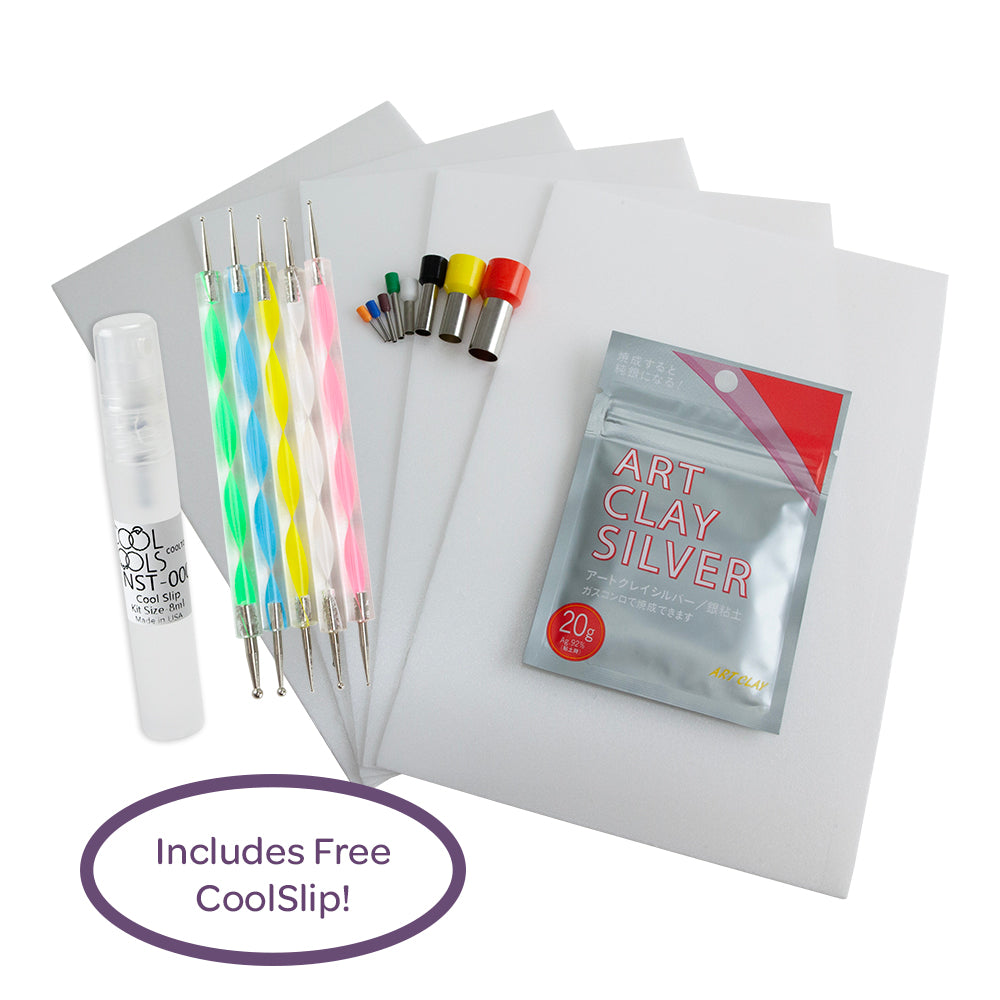 Craftcast Kit: Revealing Possibilites with art clay silver Set of 5 Double-Ended Steel Ball Tip Sculpting Tools Shape Cutter Set - Round (8 pieces) Scratch-Foam Board - 6" x 9" (5 pieces)  Art Clay Silver (20 grams) FREE kit sized CoolSlip!