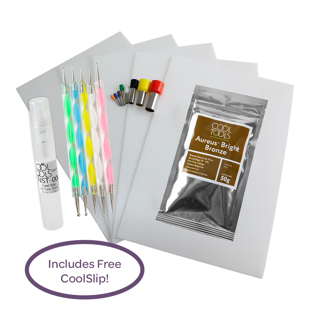 Craftcast Kit: Revealing Possibilites with art clay silver Set of 5 Double-Ended Steel Ball Tip Sculpting Tools Shape Cutter Set - Round (8 pieces) Scratch-Foam Board - 6" x 9" (5 pieces) Aureus™ Bright Bronze (50 grams) FREE kit sized CoolSlip!