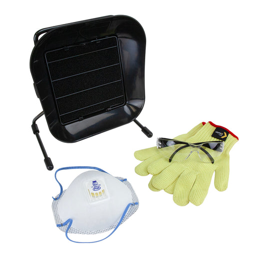 Safety Kit for Powder Coating Safety kits includes:  Clear polycarbonate safety glasses Fume Extractor Set of 100% heavy Kevlar gloves 3M particulate respirator with valve