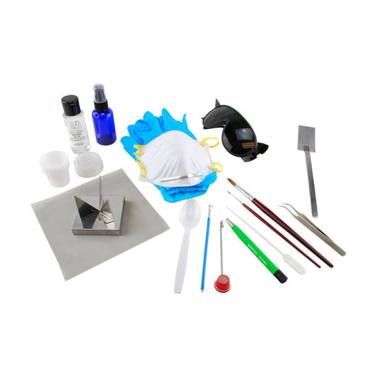 Enamel Starter Kit Rubber Gloves Dust Mask IR Safety Glasses 200 Mesh Screen Glass Brush 2 oz Bottle of Klyr-Fire Spray Bottle #1 Fine Round Tip Brush #10 Fine Round Tip Brush Enameling Spoon 1/2" Sifter - Plastic Pipette 6 Plastic Cups Plastic Spoon Firing Rack / Trivit Enameling Spatula Long Bentnose Tweezers Alundum Stone
