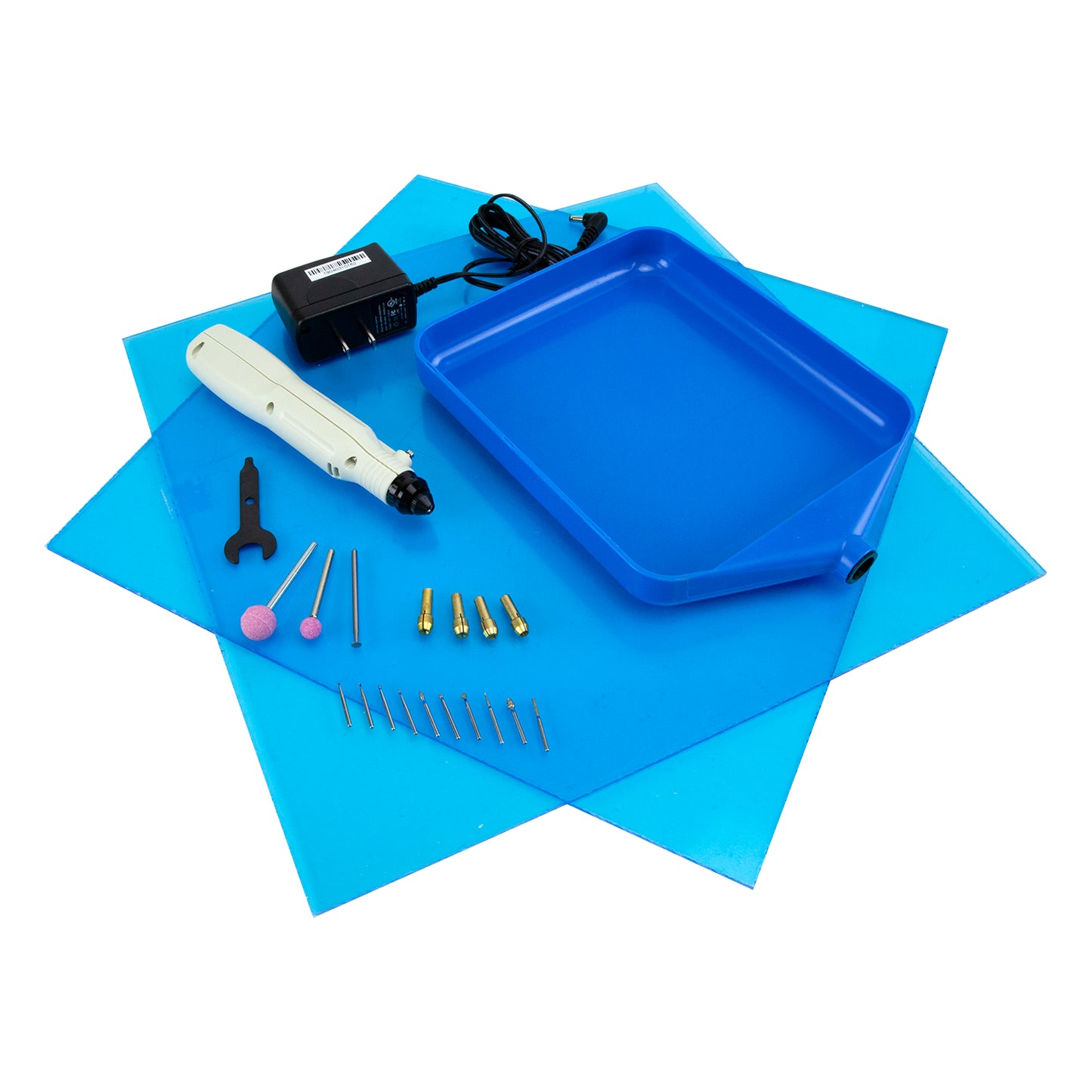 Micro Rotary Hand Tool Kit The Micro Rotary Hand Tool Kit includes:  Cordless Rotary Tool Micro Diamond Burs Set/10 in Stand 4mm Knife Edge Wheel Diamond Bur Round Pink grinding stone 1/2" Round Pink Grinding Stone 3/8" Brass Collet Set (1/32", 1/16", 3/32", 1/8") 2 pieces of Clear Acrylic for assembling Safety shield Sanding Tray