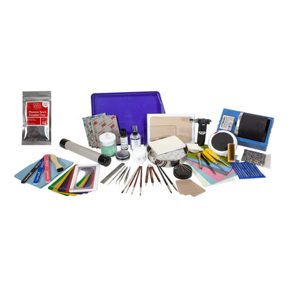 Deluxe Metal Clay Starter Tool Kit with Torch & Phoenix Torch Fireable Clay™:
25 grams Phoenix Torch Fireable Clay
Torch - Micro-Torch
Metal Clay Hot Plate - Large
Palette Knife
Curved Burnisher - Wide
Curved Burnisher - Slim
Ball Burnisher - Small
Ball Burnisher - Medium
Ball Burnisher - Large
Scratch Brush - Brass - Buff Style
Lortone® Tumbler - 3lb Rotary 120V (US)
Stainless Steel Shot - 1lb
Cool Tools Clay Thickness Rolling Frame Set - #2, #3, #4, #5, #6, #8
Gray Wonder Roller - 11"
Tissue Blade - Flexi
