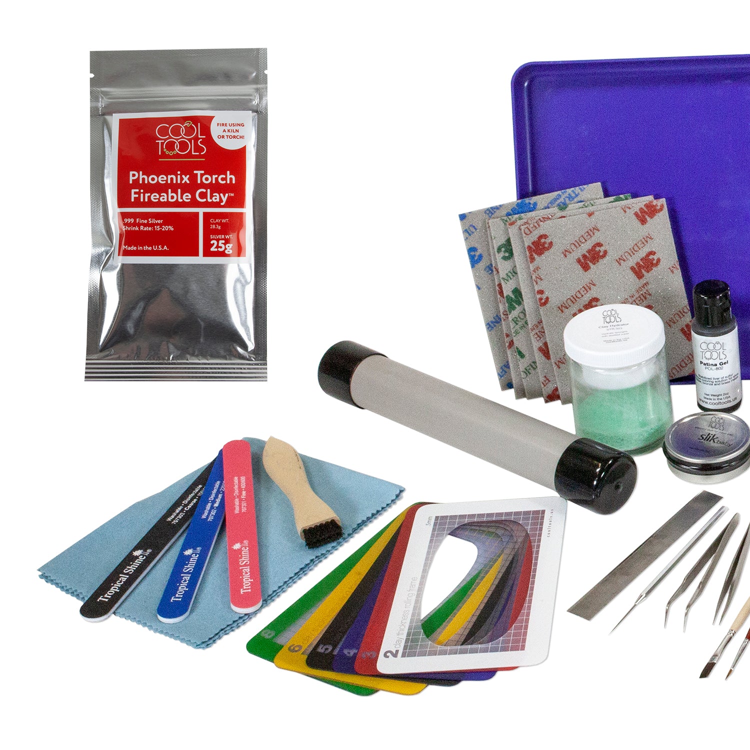 Deluxe Metal Clay Starter Tool Kit with Torch & Phoenix Torch Fireable Clay™:
25 grams Phoenix Torch Fireable Clay
Torch - Micro-Torch
Metal Clay Hot Plate - Large
Palette Knife
Curved Burnisher - Wide
Curved Burnisher - Slim
Ball Burnisher - Small
Ball Burnisher - Medium
Ball Burnisher - Large
Scratch Brush - Brass - Buff Style
Lortone® Tumbler - 3lb Rotary 120V (US)
Stainless Steel Shot - 1lb
Cool Tools Clay Thickness Rolling Frame Set - #2, #3, #4, #5, #6, #8
Gray Wonder Roller - 11"
Tissue Blade - Flexi