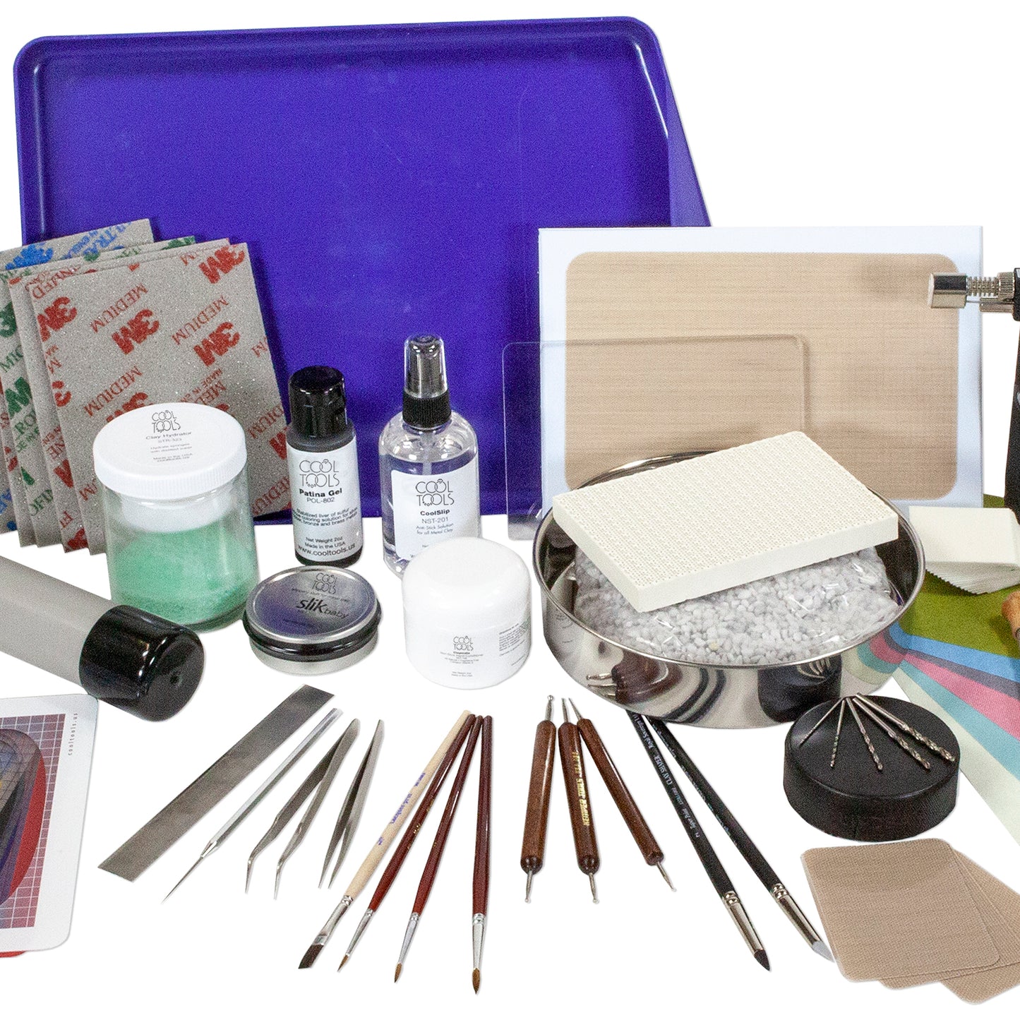 Deluxe Metal Clay Starter Tool Kit with Torch & Phoenix Torch Fireable Clay™:
25 grams Phoenix Torch Fireable Clay
Torch - Micro-Torch
Metal Clay Hot Plate - Large
Palette Knife
Curved Burnisher - Wide
Curved Burnisher - Slim
Ball Burnisher - Small
Ball Burnisher - Medium
Ball Burnisher - Large
Scratch Brush - Brass - Buff Style
Lortone® Tumbler - 3lb Rotary 120V (US)
Stainless Steel Shot - 1lb
Cool Tools Clay Thickness Rolling Frame Set - #2, #3, #4, #5, #6, #8
Gray Wonder Roller - 11"
Tissue Blade - Flexi