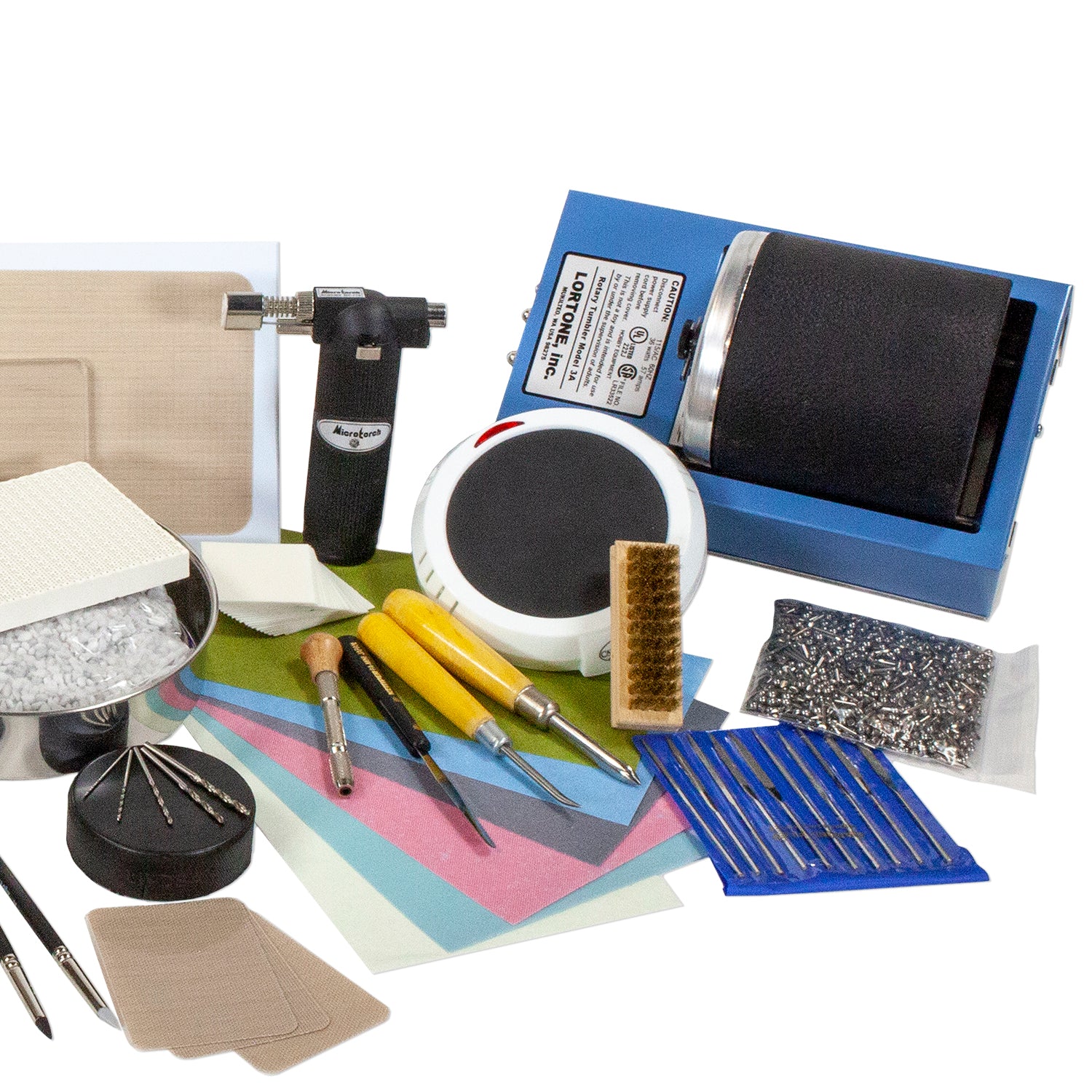 Deluxe Metal Clay Starter Tool Kit with Torch & Phoenix Torch Fireable Clay™:
25 grams Phoenix Torch Fireable Clay
Torch - Micro-Torch
Metal Clay Hot Plate - Large
Palette Knife
Curved Burnisher - Wide
Curved Burnisher - Slim
Ball Burnisher - Small
Ball Burnisher - Medium
Ball Burnisher - Large
Scratch Brush - Brass - Buff Style
Lortone® Tumbler - 3lb Rotary 120V (US)
Stainless Steel Shot - 1lb
Cool Tools Clay Thickness Rolling Frame Set - #2, #3, #4, #5, #6, #8
Gray Wonder Roller - 11"
Tissue Blade - Flexi