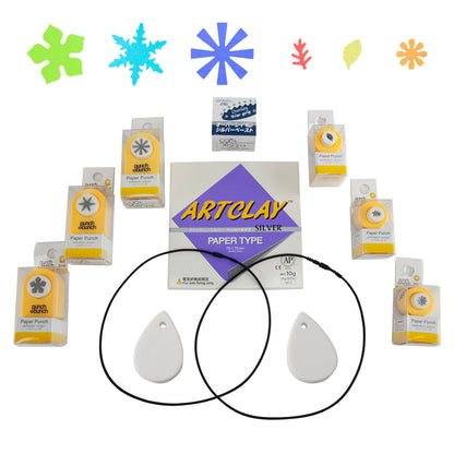 Craftcast Kit: Embellishing Ceramic Pendants using Silver Metal Clay: 15 grams of Art Clay Silver Overlay Paste   10 grams of Art Clay Silver Paper  2 - 18" Silicone Rubber Necklaces with Locking Clasps   6 paper punches - 3 regular and 3 small:   1" size punches: Bellflower, Altaflake and Cosmos   1/4" size punches: Ashleaf, Fern and Sunflower