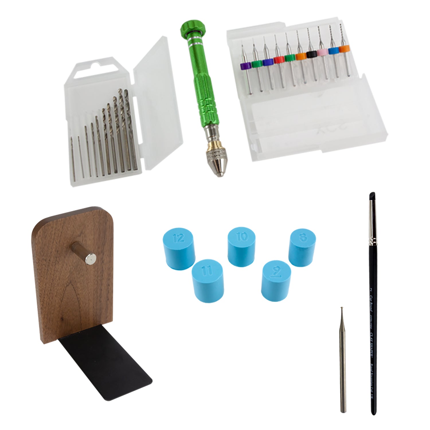 Craftcast Kit: Metal Clay Rings that Sparkle.This kit includes:   1 - 25 gram package of EZ960® Sterling Silver Clay  1 - 10 gram syringe of EZ960 Sterling Silver Clay  1 set of whole size silicone ring mandrels and stand   1 clay shaper - extra firm cup round #2  1 - 45 degree hart bur  1 pin vise hand drill set with 21 pieces