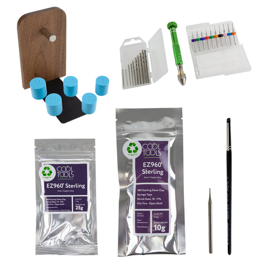 Craftcast Kit: Metal Clay Rings that Sparkle.This kit includes:   1 - 25 gram package of EZ960® Sterling Silver Clay  1 - 10 gram syringe of EZ960 Sterling Silver Clay  1 set of whole size silicone ring mandrels and stand   1 clay shaper - extra firm cup round #2  1 - 45 degree hart bur  1 pin vise hand drill set with 21 pieces