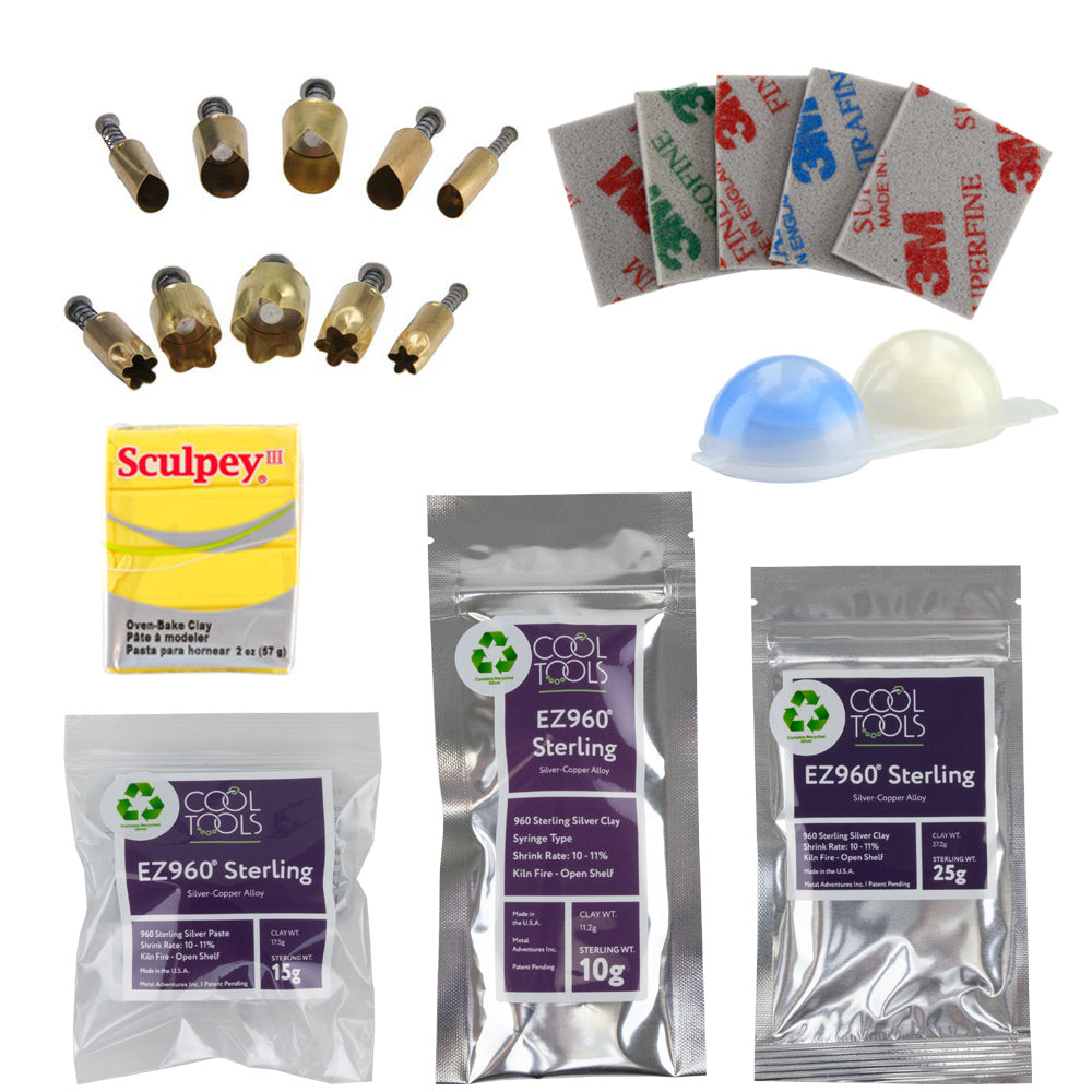 Craftcast Kit: Mastering the Open Shank Ring. Choose your clay - EZ960 or Art Clay Silver 950. This kit includes:  .75 oz container of Mega Mold 2 oz Sculpey III polymer clay block Set of 5 - 2" 3M Sponge Sanding Pads 2 shape cutter sets of 5: flower and teardrop EZ960: 25 grams of lump clay, 15 grams of paste and 10 grams of syringe with three tips (grams measured by silver weight)