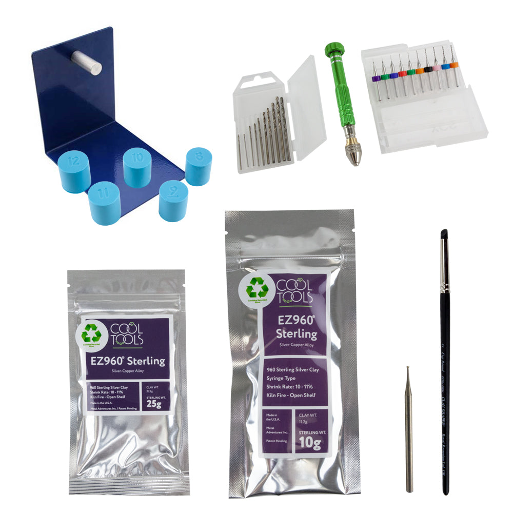 Craftcast Kit: Metal Clay Rings that Sparkle.This kit includes:   1 - 25 gram package of EZ960® Sterling Silver Clay  1 - 10 gram syringe of EZ960 Sterling Silver Clay  1 set of whole size silicone ring mandrels and stand   1 clay shaper - extra firm cup round #2  1 - 45 degree hart bur  1 pin vise hand drill set with 21 pieces