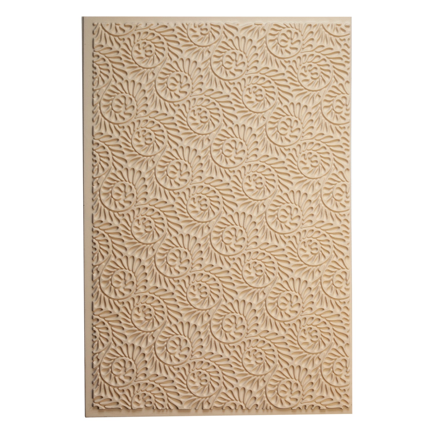 Mega Texture Tile - Fiddlehead Fern Embossed. Use to impress texture in soft clays. Mega Texture Tiles are perfect for projects both large and small. Mega Tiles measure 9-1/4" x 6" and are about 7 times larger than Texture Tiles. These textures are flexible, washable and can be used with any soft clay.