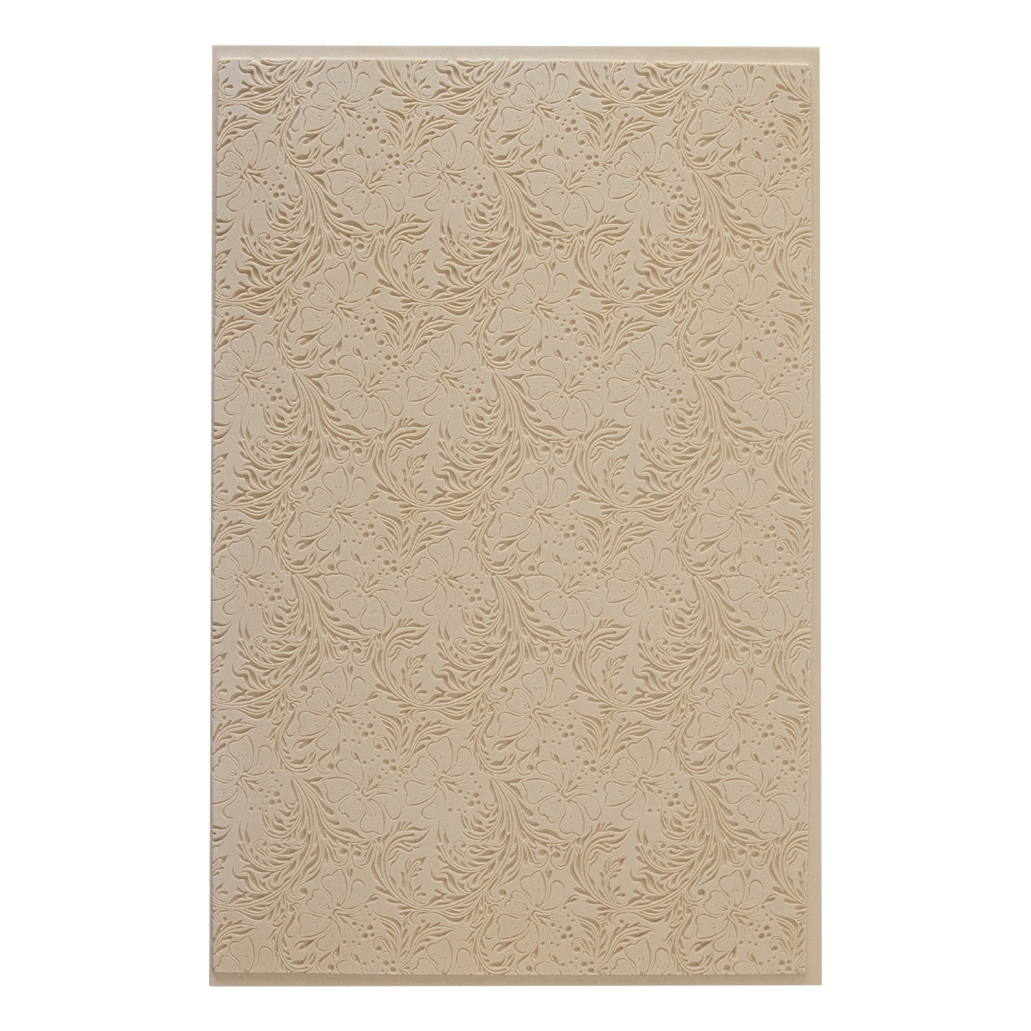 Mega Texture Tile - Hibiscus Embossed. Use to impress texture in soft clays. Mega Texture Tiles are perfect for projects both large and small. Mega Tiles measure 9-1/4" x 6" and are about 7 times larger than Texture Tiles. These textures are flexible, washable and can be used with any soft clay.