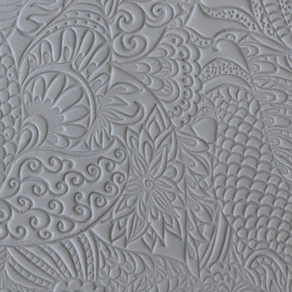 sample in clay of Mega Texture Tile - Jungle Love. Use to impress texture in soft clays. Mega Texture Tiles are perfect for projects both large and small. Mega Tiles measure 9-1/4" x 6" and are about 7 times larger than Texture Tiles. These textures are flexible, washable and can be used with any soft clay.
