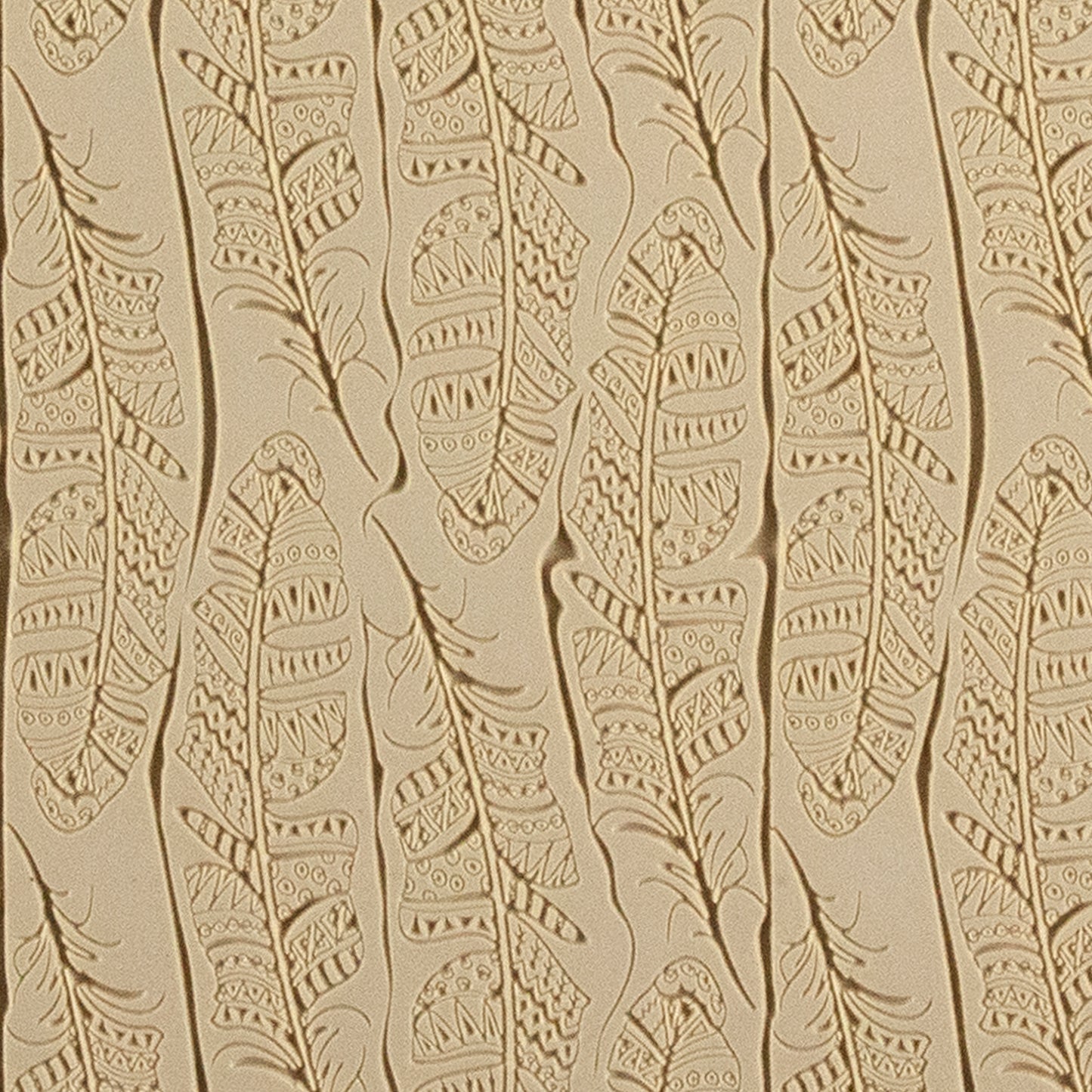 Mega Texture Tile - Tribal Feather Fineline. Use to impress texture in soft clays. Mega Texture Tiles are perfect for projects both large and small. Mega Tiles measure 9-1/4" x 6" and are about 7 times larger than Texture Tiles. These textures are flexible, washable and can be used with any soft clay.