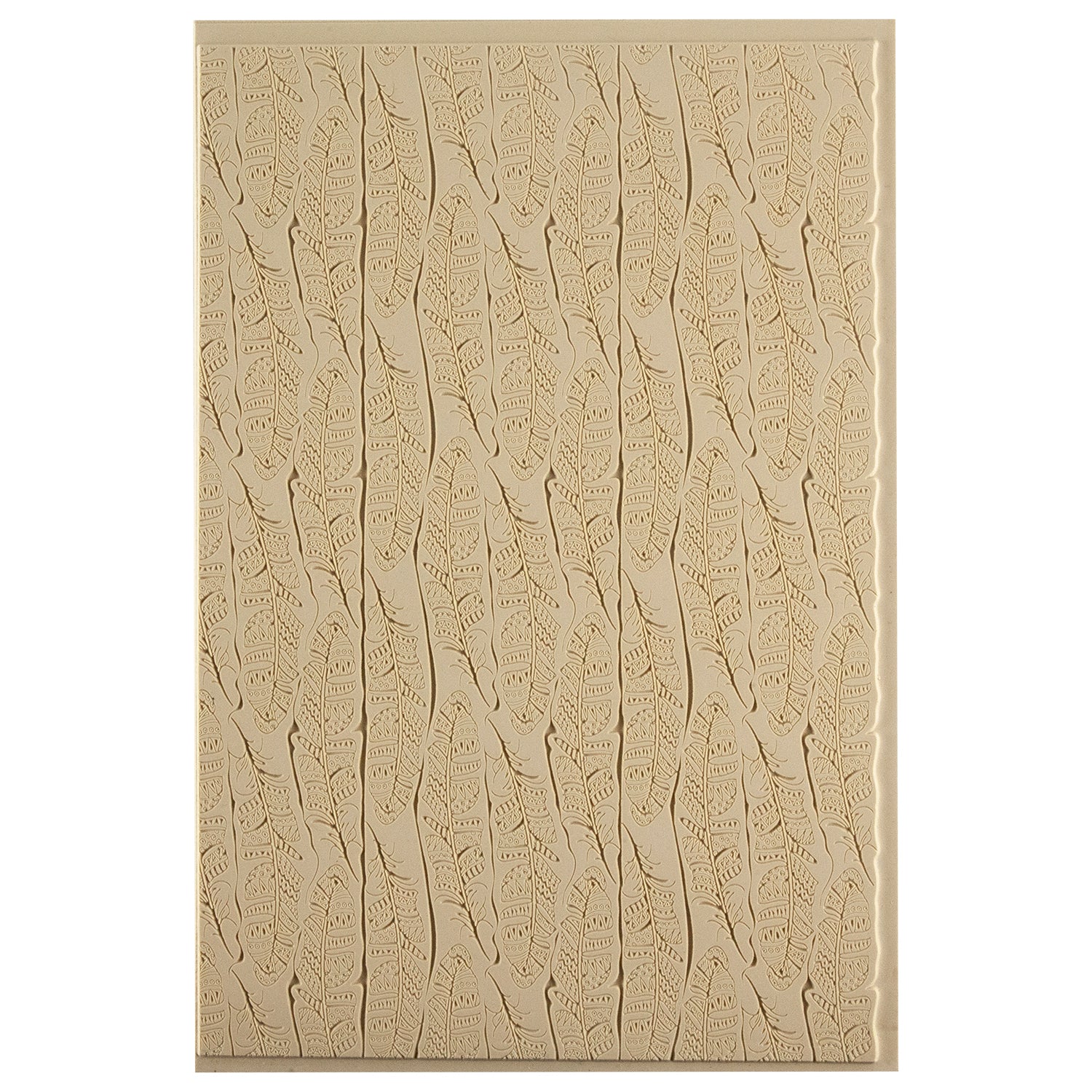 Mega Texture Tile - Tribal Feather Fineline. Use to impress texture in soft clays. Mega Texture Tiles are perfect for projects both large and small. Mega Tiles measure 9-1/4" x 6" and are about 7 times larger than Texture Tiles. These textures are flexible, washable and can be used with any soft clay.