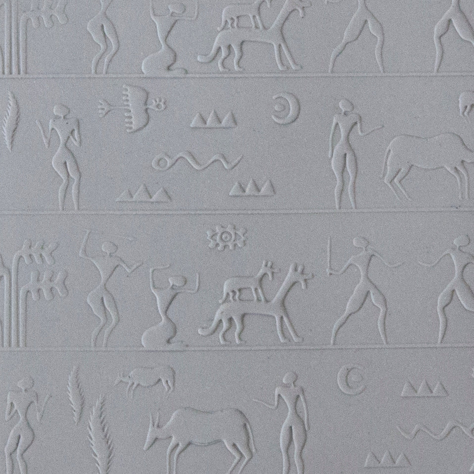 sample in clay of Mega Texture Tile - Ancient Hunt Fineline Use to impress texture in soft clays. Mega Texture Tiles are perfect for projects both large and small. Mega Tiles measure 9-1/4" x 6" and are about 7 times larger than Texture Tiles. These textures are flexible, washable and can be used with any soft clay.