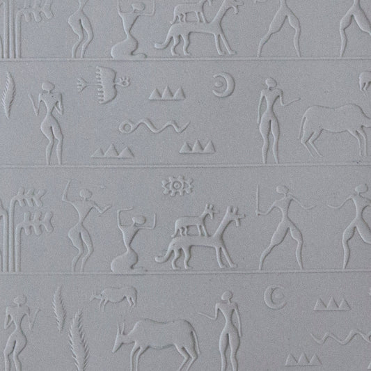 sample in clay of Mega Texture Tile - Ancient Hunt Fineline Use to impress texture in soft clays. Mega Texture Tiles are perfect for projects both large and small. Mega Tiles measure 9-1/4" x 6" and are about 7 times larger than Texture Tiles. These textures are flexible, washable and can be used with any soft clay.