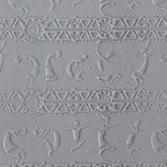 sample in clay Mega Texture Tile - Dancing Spirits Fineline. Use to impress texture in soft clays. Mega Texture Tiles are perfect for projects both large and small. Mega Tiles measure 9-1/4" x 6" and are about 7 times larger than Texture Tiles. These textures are flexible, washable and can be used with any soft clay.