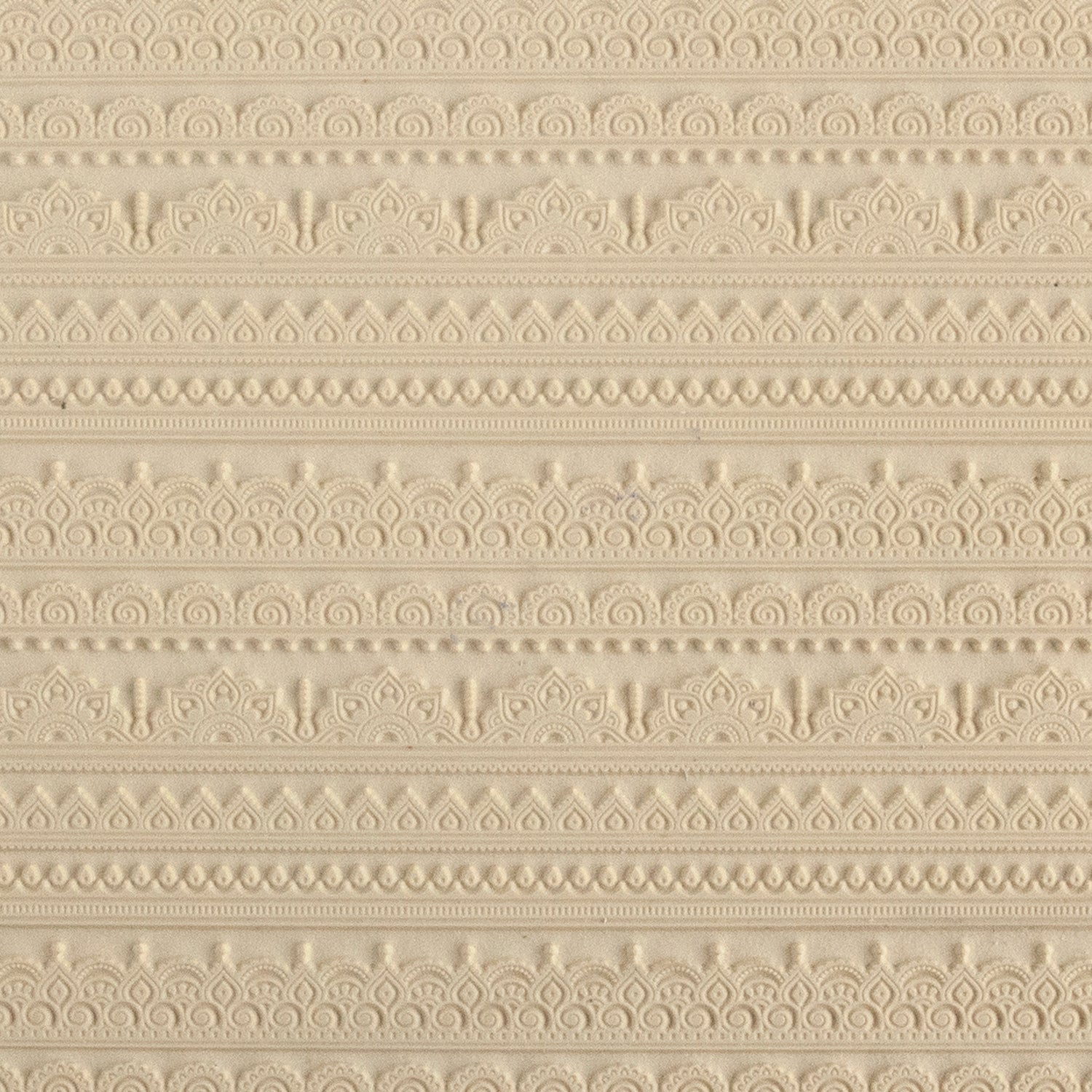 Mega Texture Tile - Mehndi Borders. Use to impress texture in soft clays. Mega Texture Tiles are perfect for projects both large and small. Mega Tiles measure 9-1/4" x 6" and are about 7 times larger than Texture Tiles. These textures are flexible, washable and can be used with any soft clay.